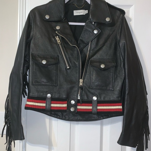 Coach Black Leather Jacket with Fringe and Ribbed Hem - Picture 3 of 6